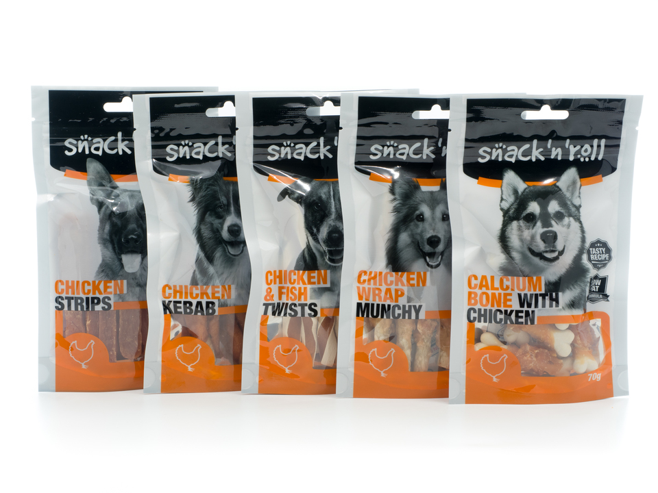 En række sunde snacks fra fjerkræserien til hunde