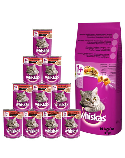 WHISKAS Adult 14 kg Rind und Gemüse + Nassfutter 24x400g