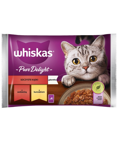 WHISKAS Adult 4 x 85 g Juicy Bites Nassfutter für Katzen mit Rindfleisch, Huhn