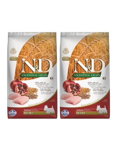 FARMINA N&D Ancestral Grain Dog Huhn, Dinkel, Hafer und Granatapfel Senior Mini 2x2,5 kg