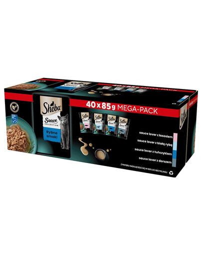 SHEBA Sauce Collection Fisch-Aromen Soßentütchen 40x85 g mit Lachs, Weißfisch, Thunfisch, Kabeljau