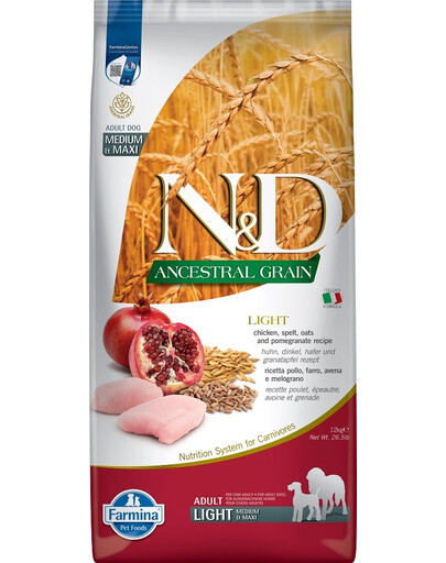 FARMINA N&D HUHN, DINKEL, HAFER & GRANATAPFEL ADULT MEDIUM MAXI 12kg
