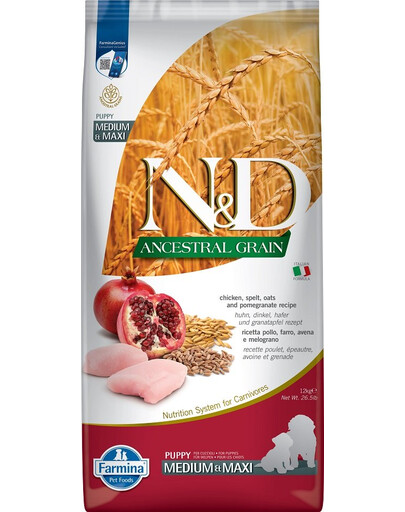FARMINA N&D HUHN, DINKEL, HAFER & GRANATAPFEL PUPPY MEDIUM MAXI 12 kg