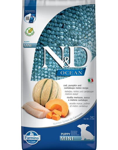 FARMINA N&D Ocean Dog Puppy Mini Kabeljau, Kürbis & Cantaloupe Melone für Welpen und trächtige Hündinnen 7 kg