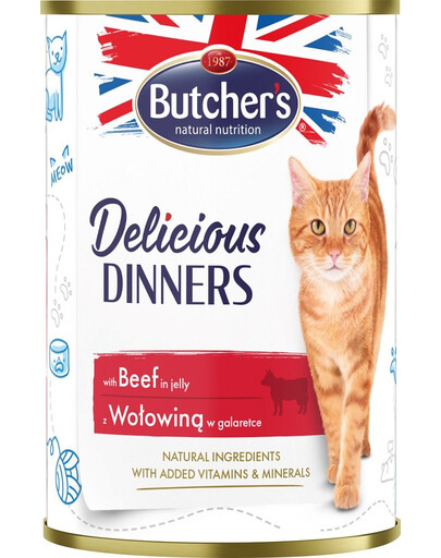 BUTCHER'S Delicious Dinners, Katzenfutter, Stücke mit Rindfleisch in Gelee, 400g