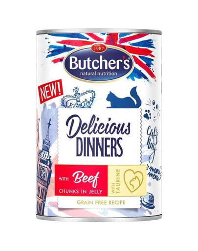 BUTCHER'S Delicious Dinners, Katzenfutter, Stücke mit Rindfleisch in Gelee, 400g