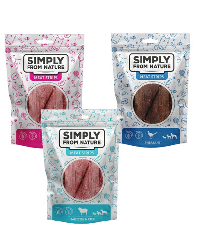 SIMPLY FROM NATURE Fleischstreifen mit Gans, Fasan, Hammel für Hunde 3x80 g
