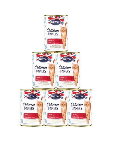 BUTCHER'S Delicious Dinners, Katzenfutter, Stücke mit Rindfleisch in Gelee 6x400g
