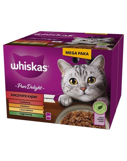 WHISKAS Adult Pure Delight in Gelee 24x85 g Stücke mit Rind, Huhn, Lamm und Geflügel für ausgewachsene Katzen