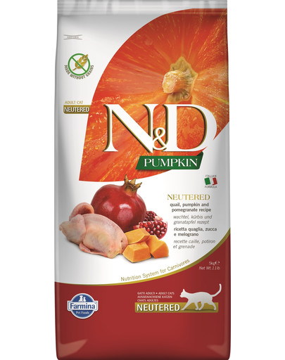 FARMINA N&D WACHTEL, KÜRBIS & GRANATAPFEL FÜR KASTRIERTE KATZEN ADULT 5 kg