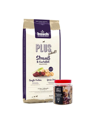BOSCH PLUS ADULT Strauß & Kartoffel 12,5 kg + Trainings-Leckerlis mit Straußenfleisch 300 g